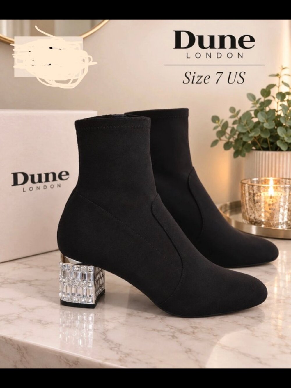 Dune London Optimal Black Sock Boots Crystal Heel US 7